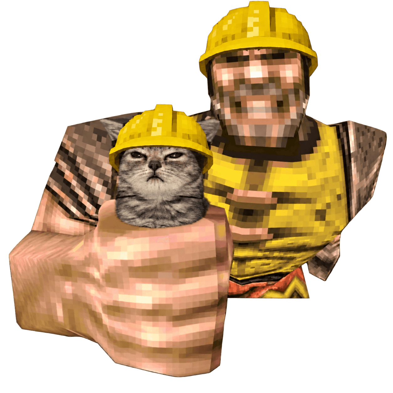 A pixelated miner holding HARDCAT, both wearing yellow hardhats