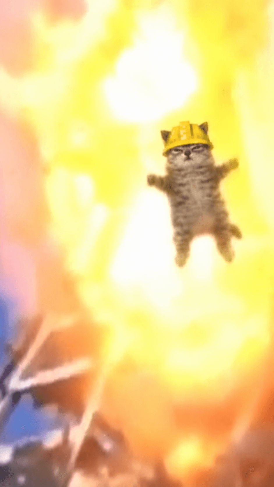 Hardhat cat flying through a bright explosion