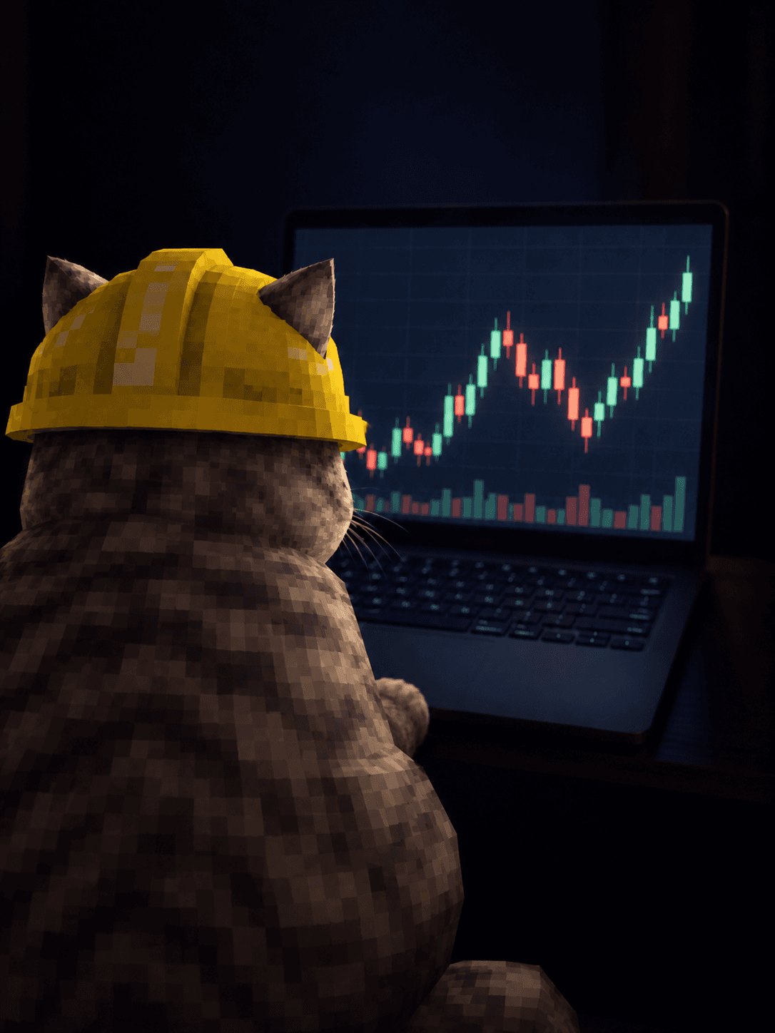 HARDCAT in a hardhat watching a market chart