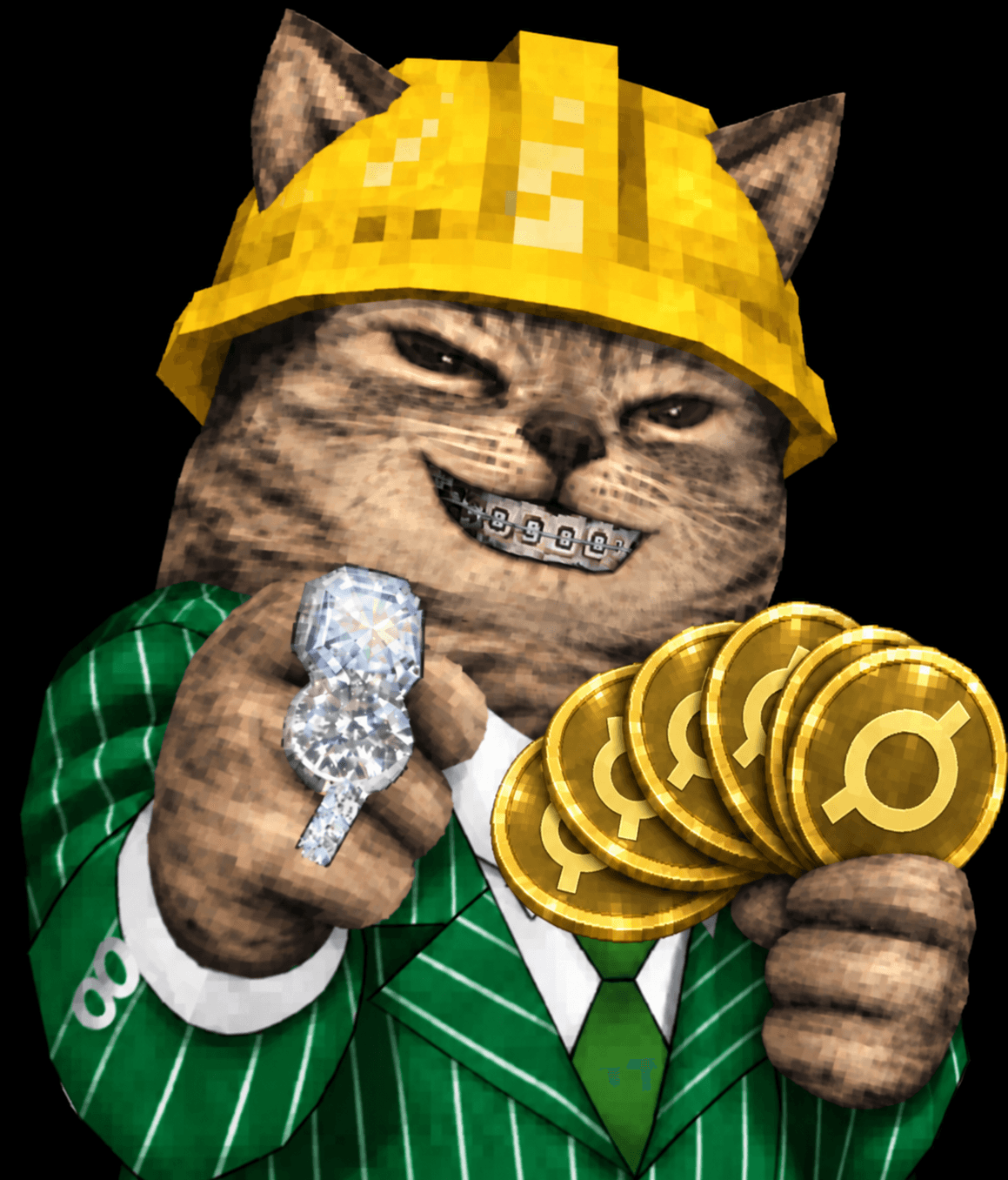 HARDCAT holding ORE coins and a diamond